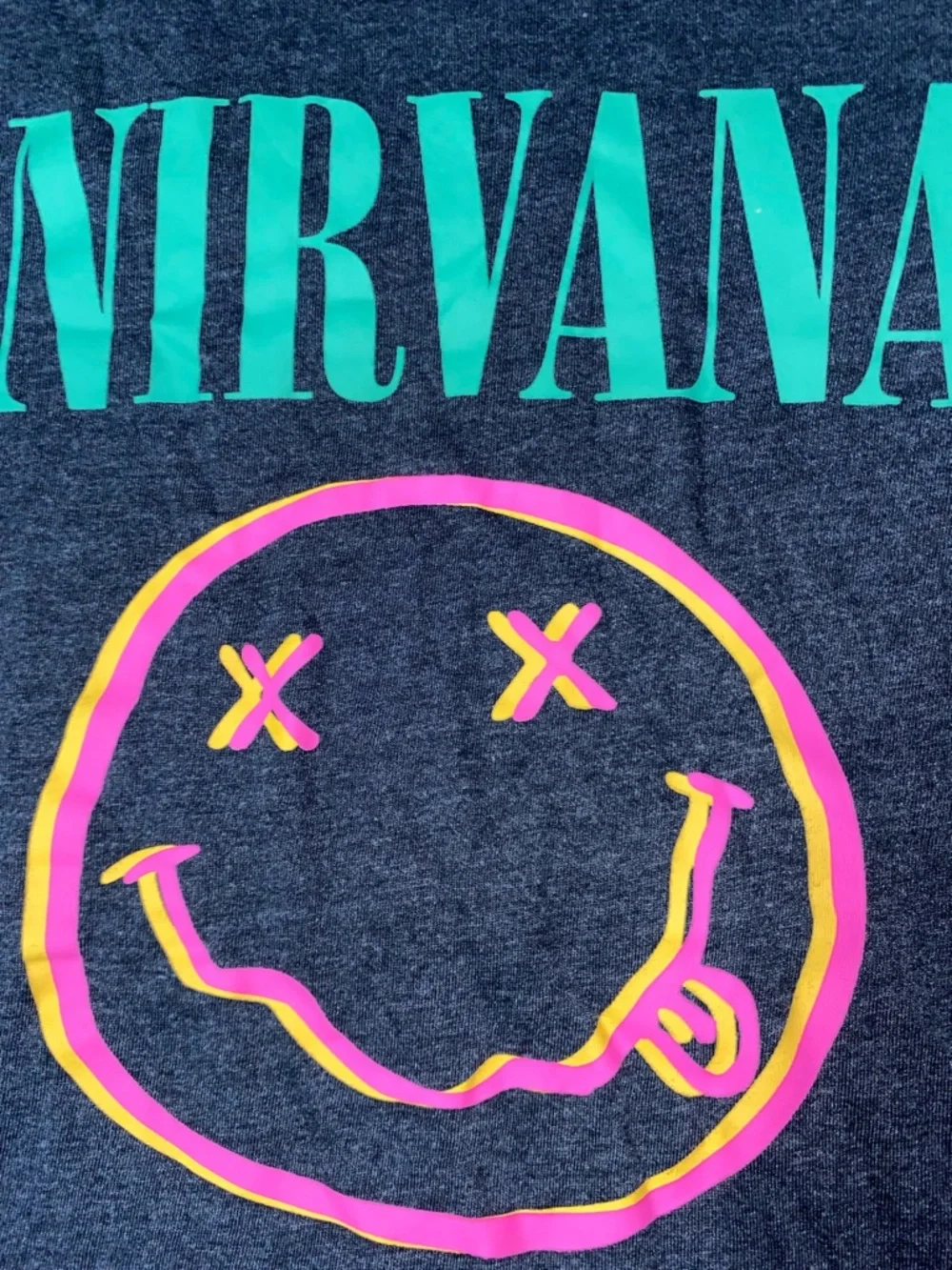 ⭐️ 3/$15 • NIRVANA • Grey Tee with Green Logo and Pink/Yellow Smiley • 10/12